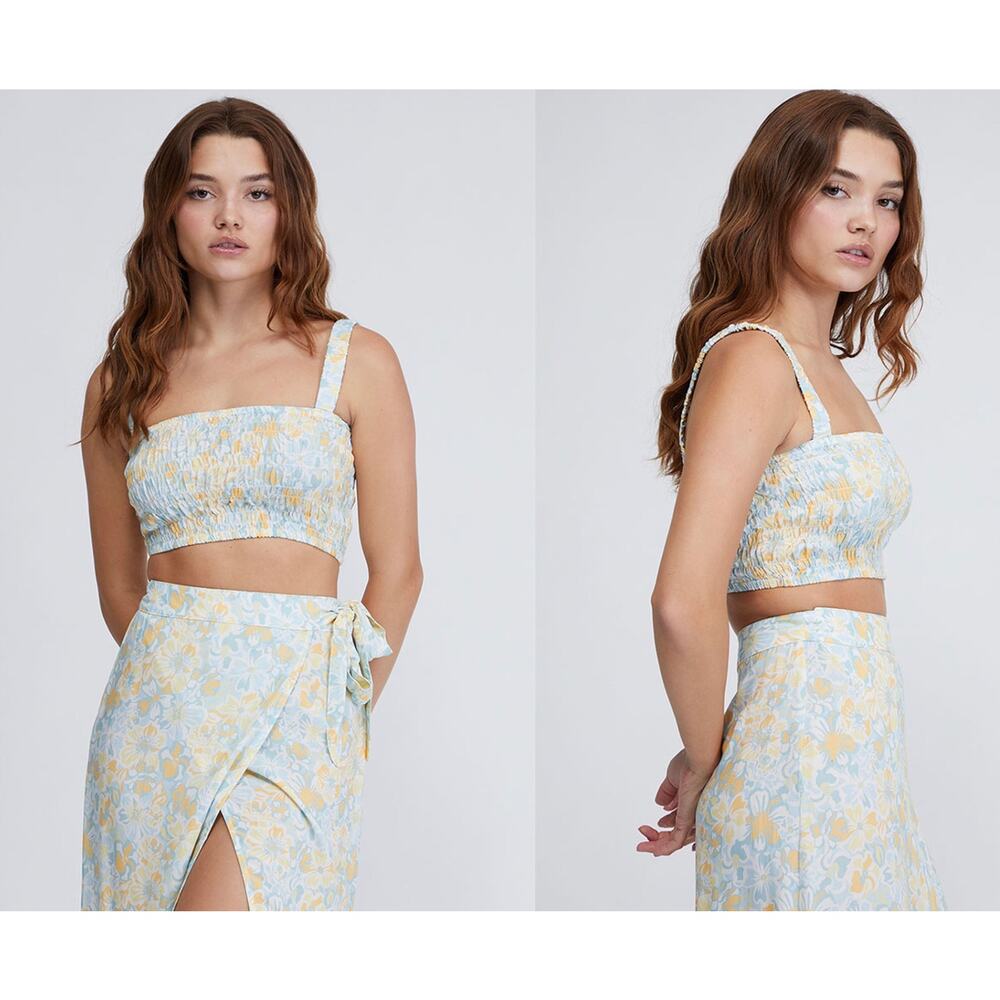 Rhythm Belize Floral Smocked Crop Top Womens Size S Square Neck Stretch Beachy